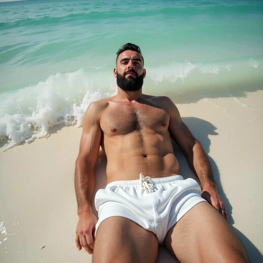 A muscular man lies on the sandy beach under bright sunlight wearing white swim shorts. The turquoise ocean waves gently lap at the shore nearby. Casual vacation settings with a focus on relaxation and fitness.