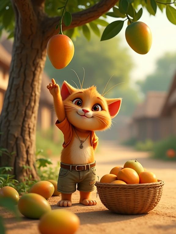 A cute ginger kitten reaches for ripe mangoes from a tree. The kitten wears a torn t-shirt and shorts. A large woven basket sits on the ground. Several mangoes and baskets are visible. Village huts line the background. The scene is set in bright daylight. The image is in a vertical video format.