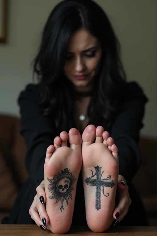 Mature goth woman with black hair showing off tattoos. Tattoos on soles of her bare feet. Sitting with feet on table. Display of emotional expression.