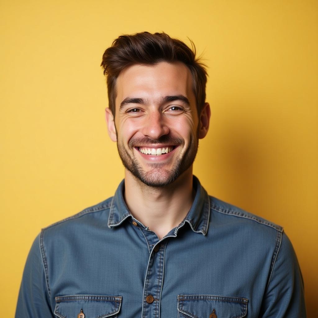 A casual man in his 30s wearing a denim shirt. The background is bright yellow. The image is suitable for social media use.