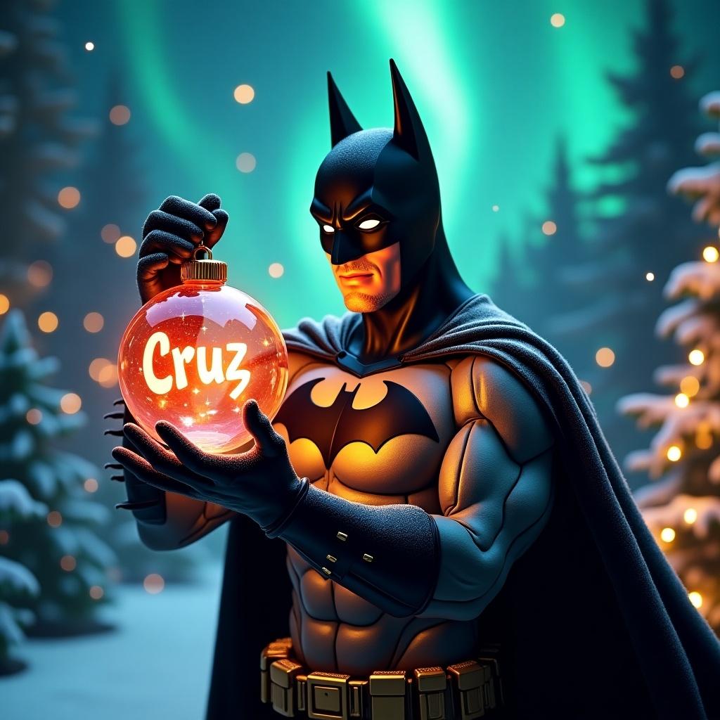 An enchanting Christmas scene features Batman holding a magical ornament. The ornament glows with the name Cruz in bright script. The background has vibrant northern lights. Snow and decorated trees enhance the holiday feel. A captivating blend of superhero charm and holiday cheer exists.