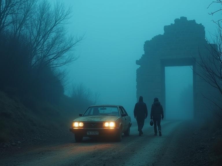 Dusty Spanish car from the 1980s parked outside ruins in fog. Two figures emerge with cameras and audio gear. Blue-gray tones illuminated with mystery.