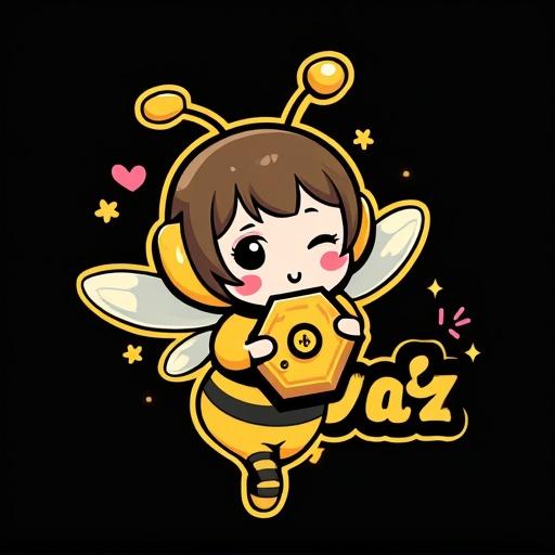 Stylized anthropomorphic honeybee character in cute anime style. Winking while holding honeycomb with a play button. Subtle heart-shaped stinger. Typography features the word Hentai in sans-serif and Buzz in playful font.