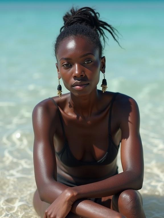 A beautiful Haitian woman with dark skin sitting on the beach in the water. Focus on her elegant pose and serene expression.