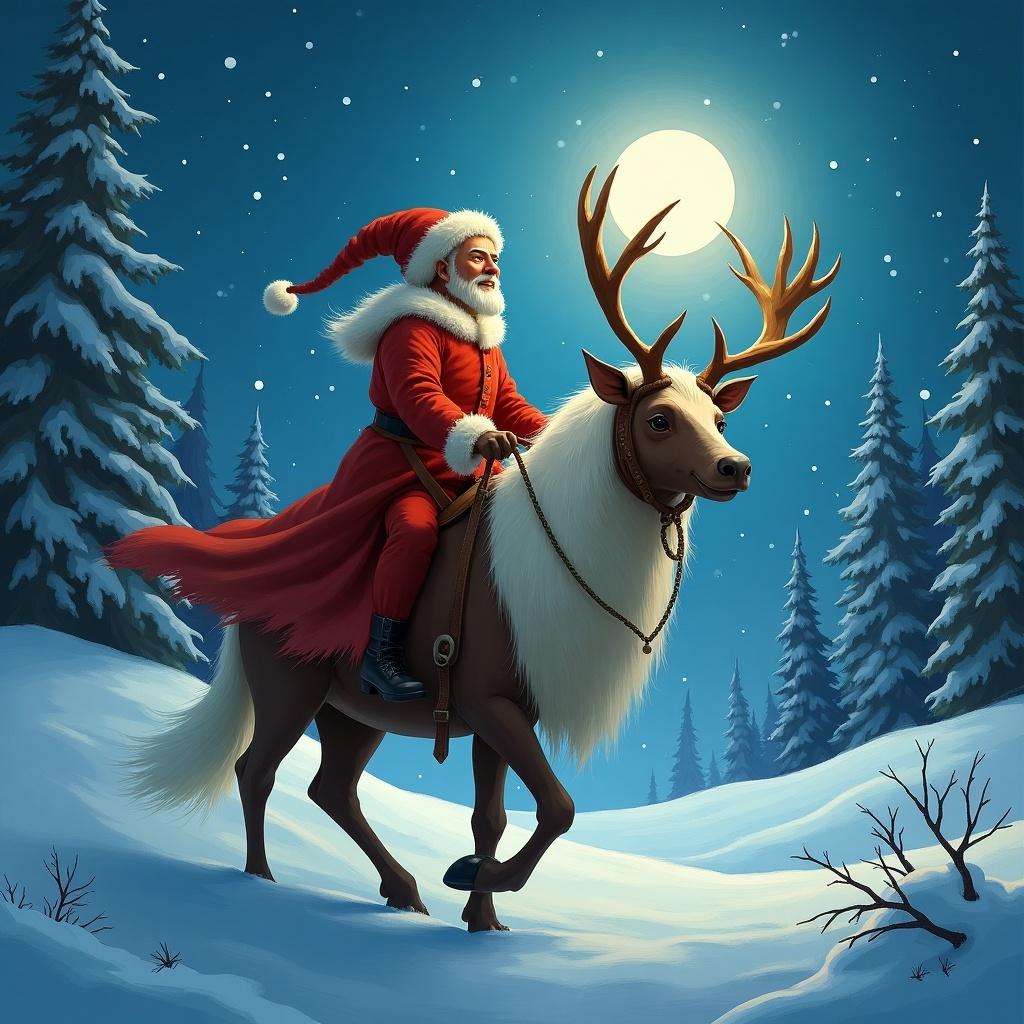 Santa Claus riding a reindeer in a snowy landscape at night with full moon. Pine trees surrounding the scene in a winter wonderland.