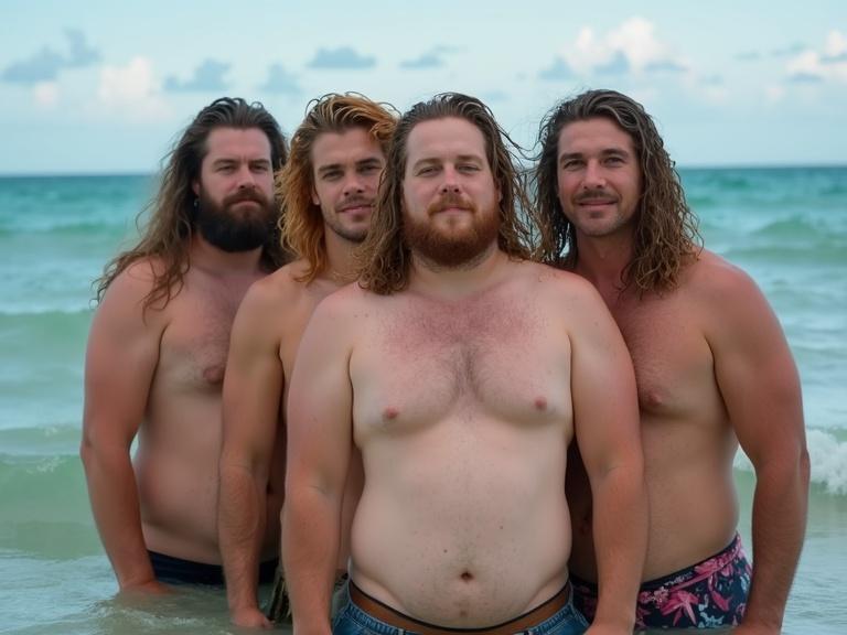 Bright beach scene featuring young men enjoying the ocean. They have colorful hair and wear colorful swim trunks. The ocean meets the beach under a bright sky. They are smiling and showcasing a carefree atmosphere.
