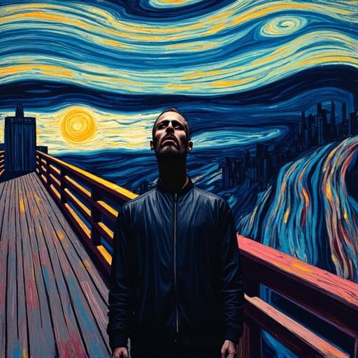 Reimagined version of a famous artwork set in a cyberpunk environment. Central figure evokes deep emotion. Surrounded by holograms and chaos in the city. Neon lights dominate the skyline.
