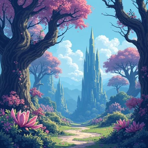Pixel art of a crystal kingdom made entirely of crystals. Crystal grass and trees, giant crystal flowers. Prominent and distinct crystals with polygonal shapes. Well-defined and highlighted pixels.