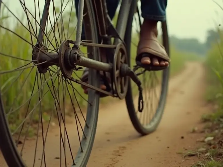 Close-up shot of an old Atlas cycle's wheels. The scene shows a rural path between fields. An old Indian postman rides the bicycle. The image has a cinematic film grain effect. Muted colors inspired by Wes Anderson films are visible. Shot at a high focal length of 100mm. A masterpiece showing vintage culture.
