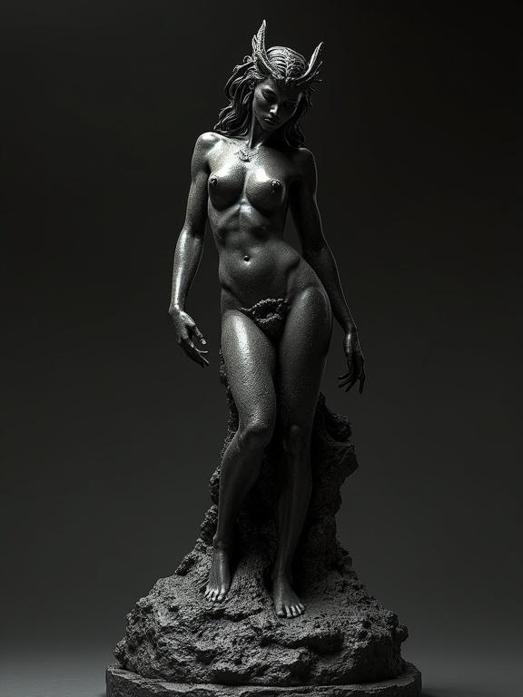 Rodin sculpture of a Klingonian female posing nude on a black lava base. Artwork features mysterious atmosphere and gritty texture in a fantasy art style.