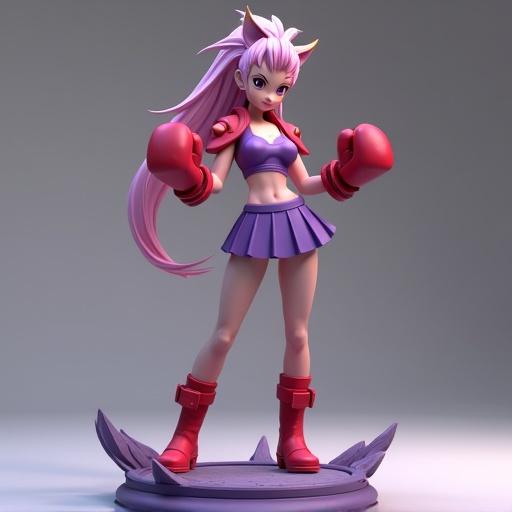 Stylized 3D resin figurine of a female boxer inspired by Hitmonchan from Pokémon. Athletic body in a confident pose with fist out. Purple boxing outfit with red gloves and boots. Short pleated skirt. Spiky shoulder pads resembling Hitmonchan. Thick vertical locks hairstyle. Elegant yet fierce facial features. Stands on a circular base like in a battlefield.