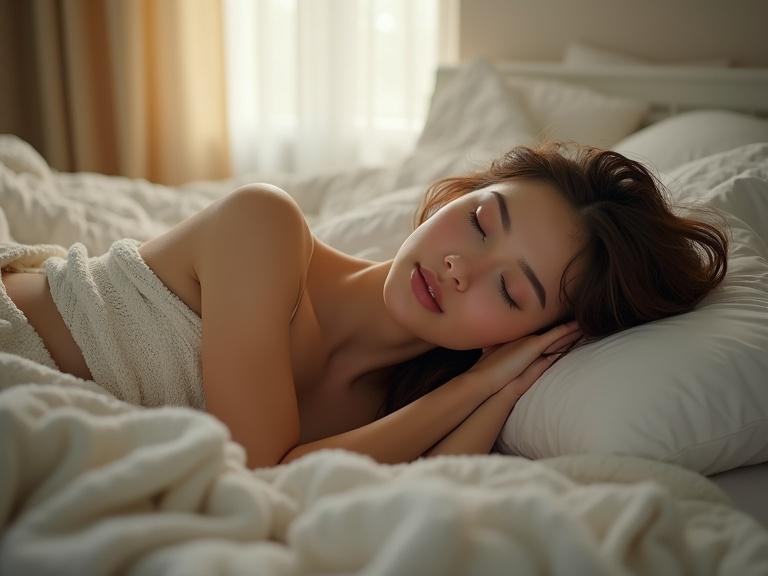 Realistic image of a young woman lying in bed. She appears naked and has a relaxed, peaceful expression. Natural morning light comes through a nearby window, creating soft shadows. Cozy blankets surround her. The image features detailed facial features and natural hair within a calm bedroom setting. Hyperrealistic quality with 8k resolution.