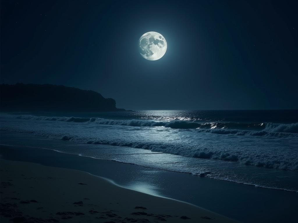 A serene moonlit beach scene with waves of ocean. Dark sand. A large moon is shining over the ocean. Distant blackness in the sea. Style resembles painting.