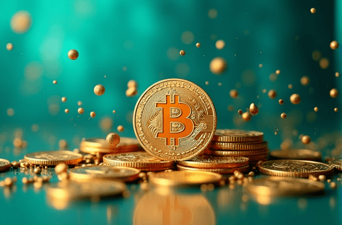 A shining Bitcoin surrounded by other coins and sparkles against a teal background.