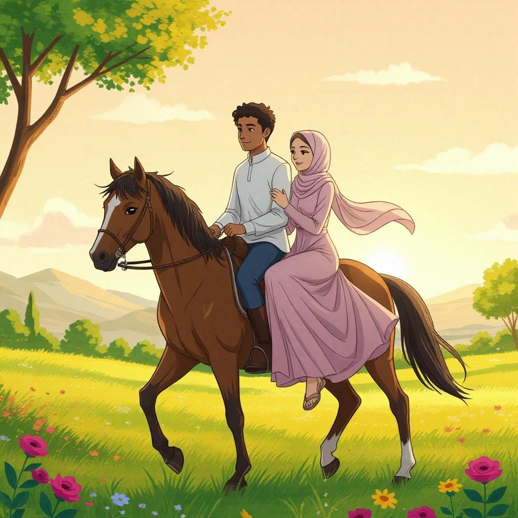 Romantic anime-style illustration of a man on a horse with a woman sitting side-saddle. Scene includes natural landscape at sunset with trees and wildflowers.