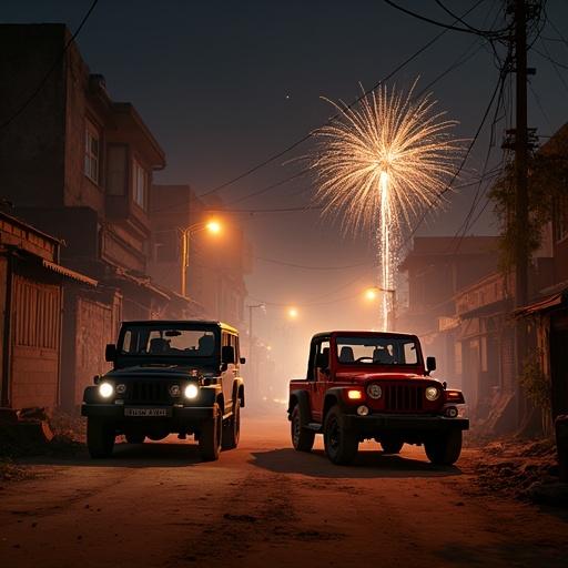Two Mahindra Thars parked in a neighborhood street at night. Fireworks illuminate the sky above. Soft street lighting adds warmth. Celebration backdrop with a festive feel. A vivid display of joy and community spirit.