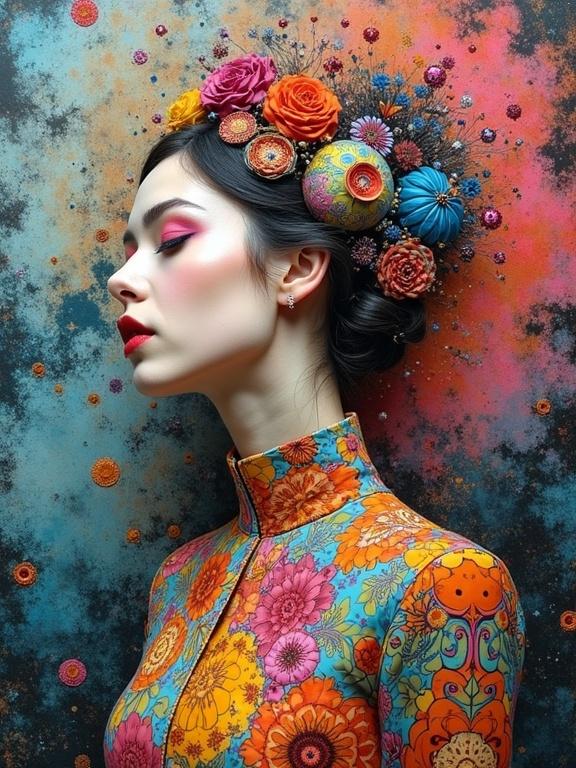 Surreal woman profile decorated with flowers vibrant colors. Kaleidoscopic dress with geometric patterns. Mixed media collage featuring wax and ink. Striking artistic design.