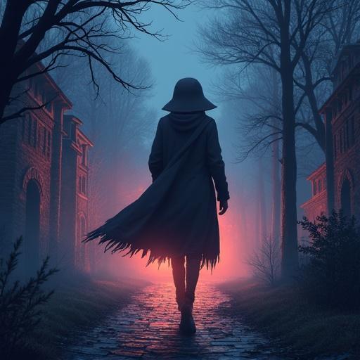 Anime style featuring a mystical detective in a dramatic setting. A lonely, moody atmosphere highlighted by dynamic colors. The scene evokes feelings of mystery and tension.