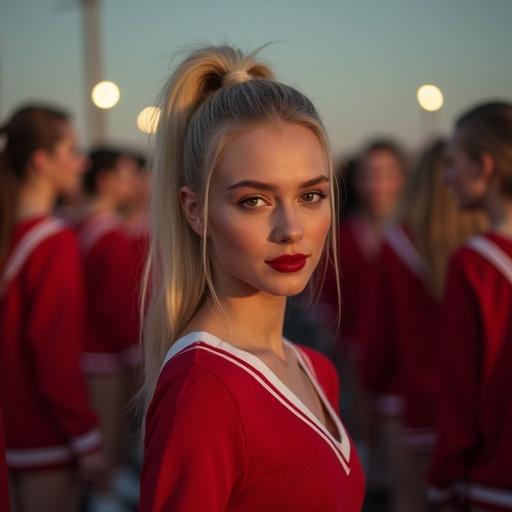 Angled portrait of an attractive woman in a cheerleader outfit with cropped sweater and miniskirt. Blond hair in a high ponytail. Expressing a warm smile. Professional photo with rows of identical women in the background. Evening light creates a romantic atmosphere.