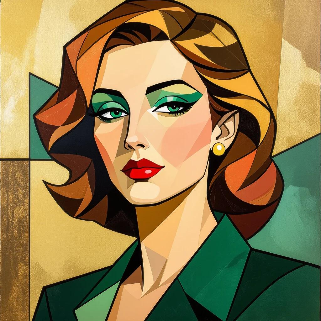 Soviet woman portrayed with sharp cubist angles. Bold outlines define the form. The palette includes metallic gold and emerald. Art deco portrait style prevails.