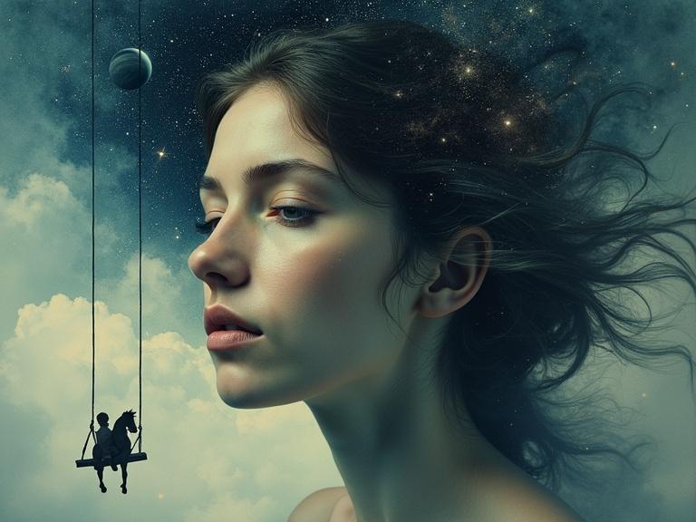 Surreal double exposure portrait of a woman with a dreamy expression. Her face dissolves into a night sky filled with stars and swirling galaxies. Fragments of memories are present: a swing in the void, a door opening onto clouds, a toy horse on Saturn's rings. Hair turns into ink-black smoke, curling into shapes. The composition blends realism and dreamlike distortion, evoking memory and cosmic melancholy.