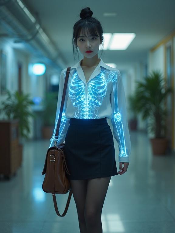 The image depicts a mid-20s East Asian female cyborg standing in a corridor. Holographic X-ray scan shows mechanical structures inside her body. She wears a pearl-white blouse and a black skirt. Her legs are in sheer black pantyhose and low-block heels. Black hair is neatly styled in a bun. A brown satchel hangs over her shoulder. The setting is indoors with soft lighting.