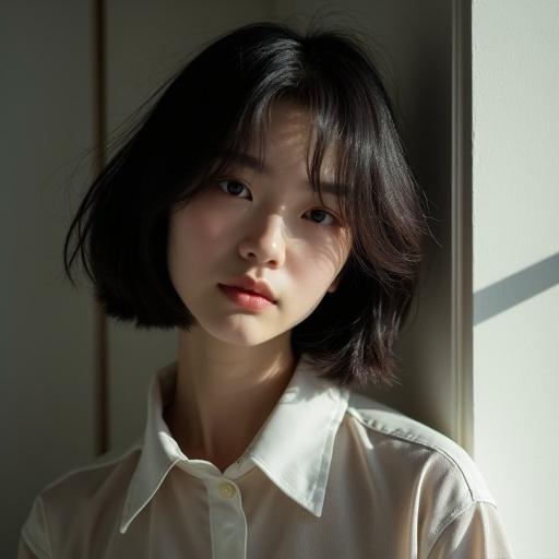 Portrait of a young Japanese girl with a bob haircut. Softly lit with a key light accentuating her facial features.