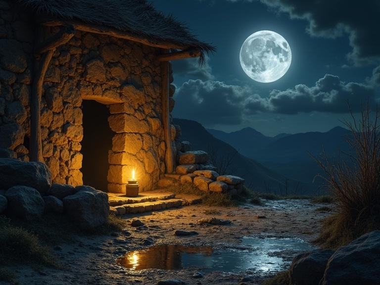 Moonlit hovel set in the 1st century BC with oil lamps flickering warmly. Cracked but sealed jar pouring oil creates reflections of sons' faces. Shadows suggesting hardship transformed by hope.