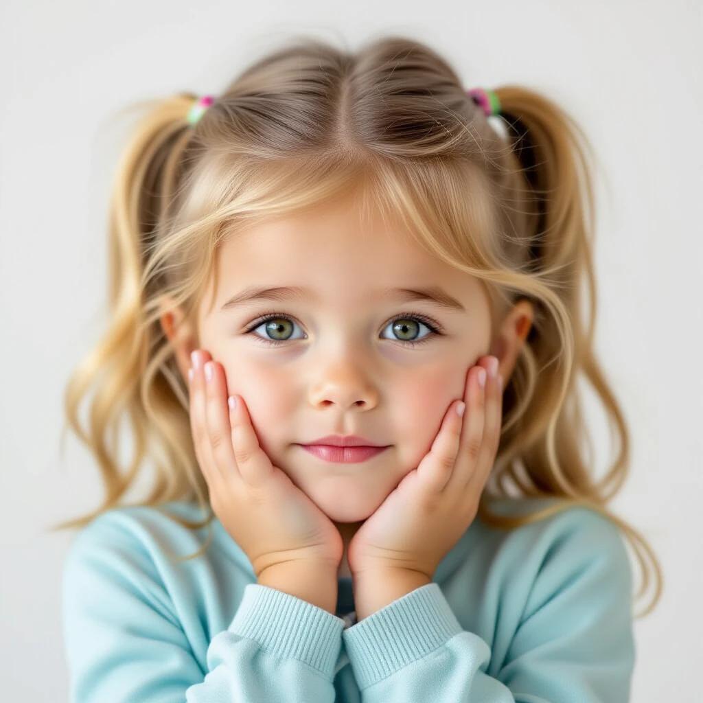 Impressed blonde girl on a white background. Hands on her face. Big open eyes. Light pastel colors.