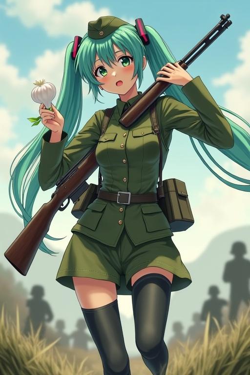 Character wears military uniform of green color. She holds a leek in her left hand and a rifle in her right hand. She stands in a battlefield setting with a sunny background. The character is depicted in an anime art style.