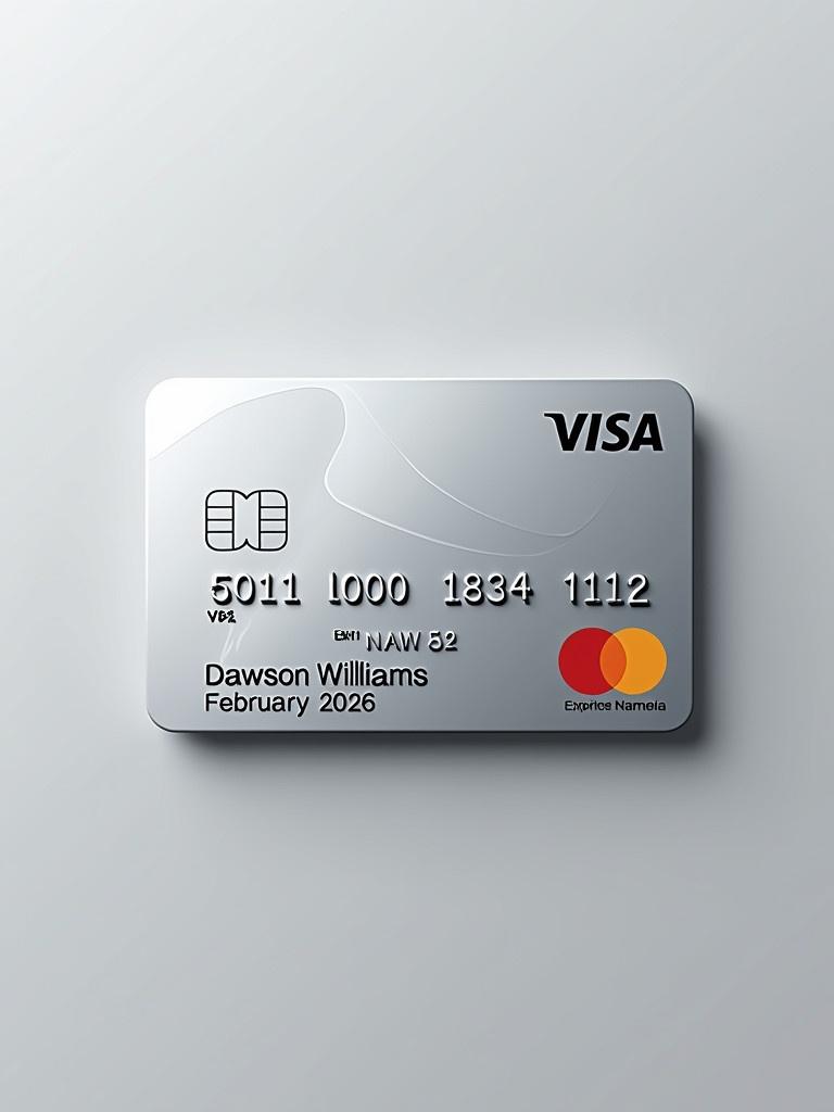 A realistic image of a credit card showcasing details clearly. The card has a prominently displayed Visa logo. Below the logo is the card number 6011000180331112. The cardholder's name is Dawson Williams and an expiry date of February 2026 is at the bottom. The design is modern and sleek with a silver background and black font.