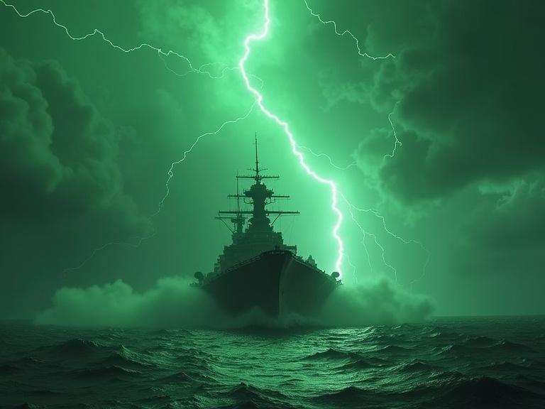 Battleship in stormy waters. Surrounded by green lightning. Waves distorting around it. Dark clouds in the sky. High level of detail and realism.