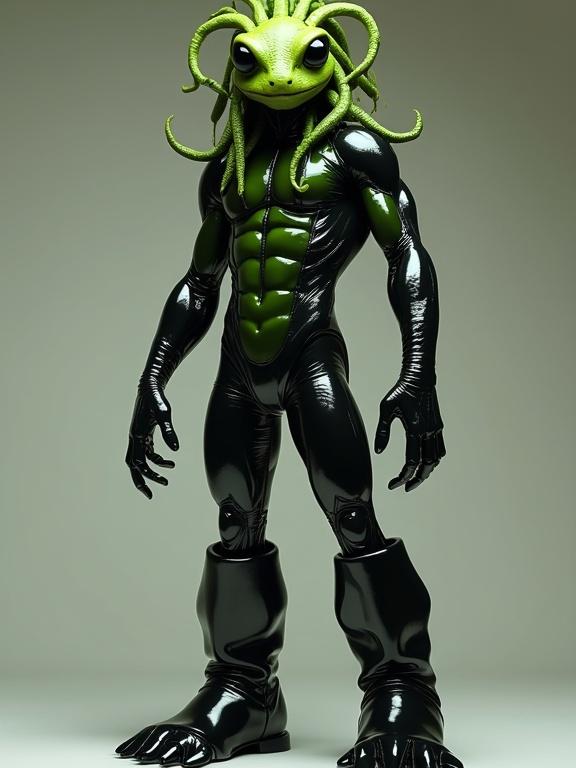 Photorealistic full body portrait of humanoid amphibian alien. Masculine face. Viridian toned slimy skin. Black eyes and tentacles on scalp. Shiny black latex suit with cyberpunk influence. Large boots. Muscular build with frog-like fingers.