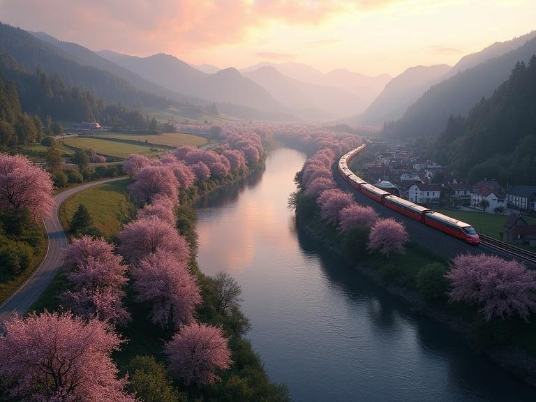 Aerial view capturing a valley with a U-shaped river. Surrounding hills and trees in bloom at dawn. A small German village is on the right. A German speed train runs along the track, with a road on the left. Hyper realistic rendering and ambient light create a serene landscape.