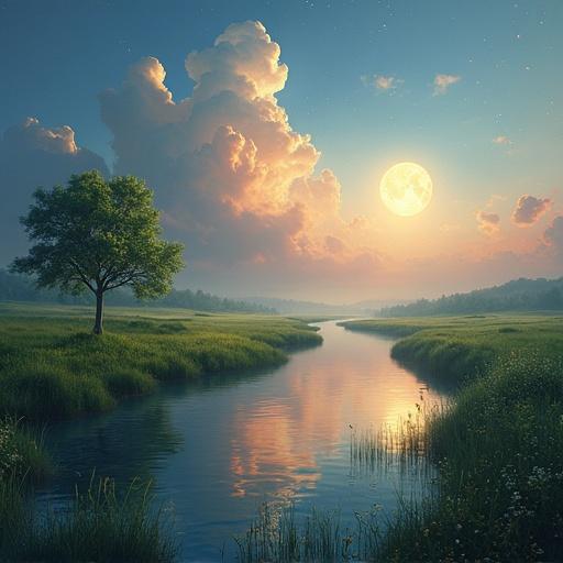 Beautiful afternoon landscape with a river and tree. Moon shining in the sky. Reflections on water. Fireflies in the distance. Scenic and ethereal atmosphere.