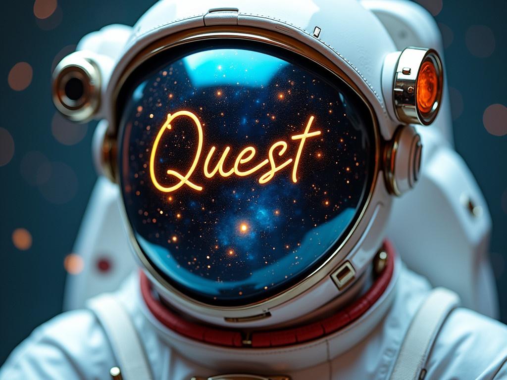 The image features a close-up view of an astronaut helmet with vibrant and intricate details. The visor of the helmet reflects a mesmerizing cosmic scene filled with stars and celestial bodies. Prominently displayed on the visor is the word 'Quest' written in elegant, golden script, adding a touch of whimsy to the overall design. The astronaut's suit is depicted with realistic textures and colors, suggesting advanced technology. The background is softly blurred, enhancing the focus on the helmet and its stunning reflections.