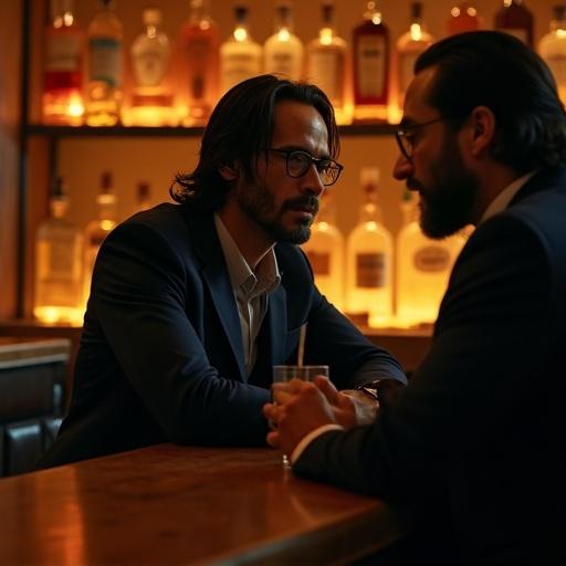 Moody intimate bar setting with warm lighting. Amber liquor bottles reflect soft light. John Wick wears black suit, looks alert. Adel Imam in navy blazer, half-smile. Dynamic between serious and witty. Medium close-up captures expressions. Cinematic feel of action and comedy blend.
