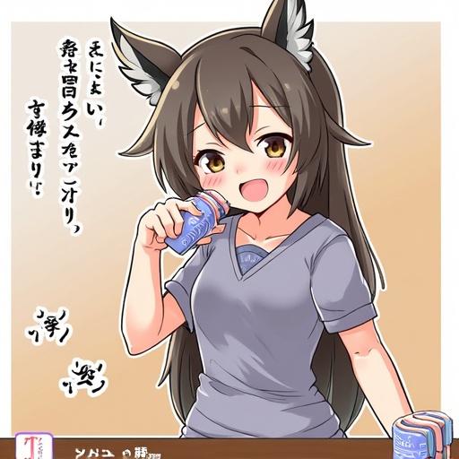 A young woman with cat-like features holding a drink with a playful expression. She has long brown hair and wears casual clothing. The setting is bright and cheerful.