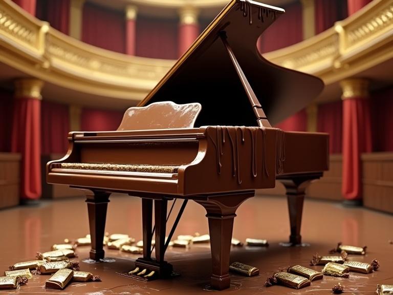 Grand piano made of glossy chocolate in concert hall. Thick drips melt down piano. Keys made of chocolate bars wrapped in foil. Opulent setting with golden balconies and crimson curtains. Hyperrealistic style with warm lighting. Photoreal rendering with shallow depth of field.