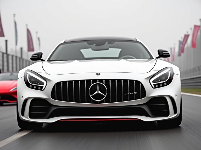 Photo of a white Mercedes-Benz sports car with front view on a racetrack. Grayscale background with another red sports car visible. Car has aggressive headlights and black grille featuring the Mercedes emblem. Red accents on the front bumper and black side mirrors. Race flags in the background, slight foggy atmosphere. Car exhibits a sleek and modern design, captured from a low angle. Centered in the frame with high contrast and sharp details.