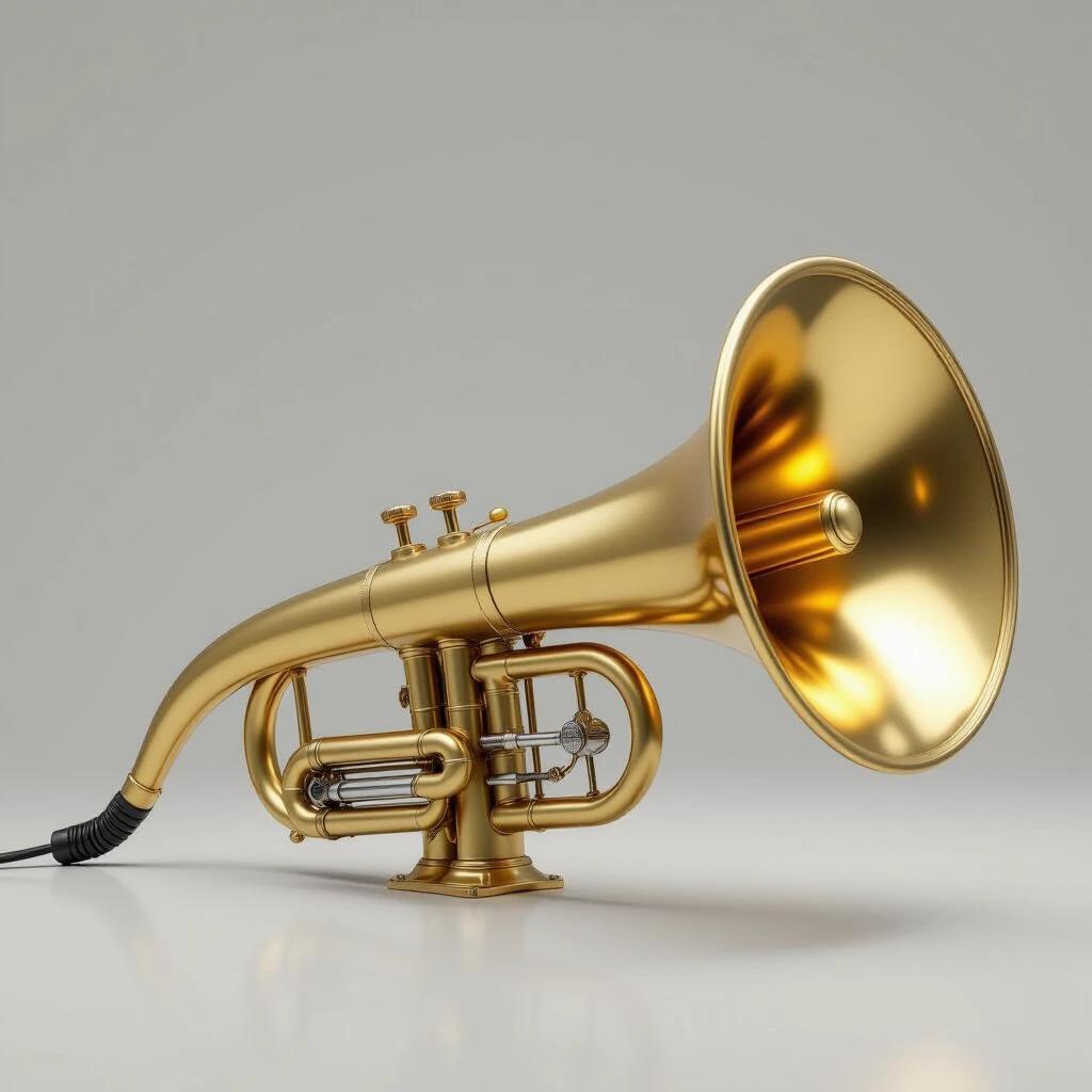 A golden trumpet in a professional studio setup. Image has a transparent background. Soft light focuses on the instrument without shadows. The texture looks realistic. The image is in 1024x1024 pixels and highlights the trumpet's details.