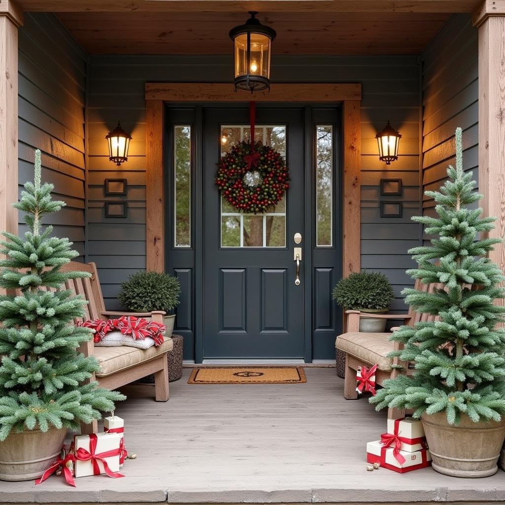 Decorations for Christmas on a rustic porch. Features a wreath, potted plants, and gifts. Warm lighting enhances the inviting atmosphere.