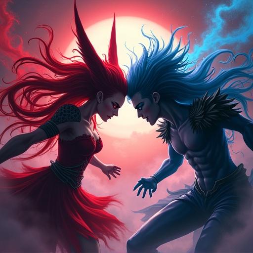 Anime style depicting a clash between good and evil characters in a vibrant, colorful scene. Two figures face each other with contrasting hair colors and outfits. A dramatic background enhances the tension.