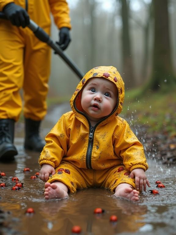Hyper-realistic scene of baby sitting in muddy puddle covered with ladybugs. Baby looks slightly distressed and calm. Rescue worker sprays baby with water from hose. Another worker in background observes. Bright yellow protective outfits are worn. Nature is in the setting with trees and haze.