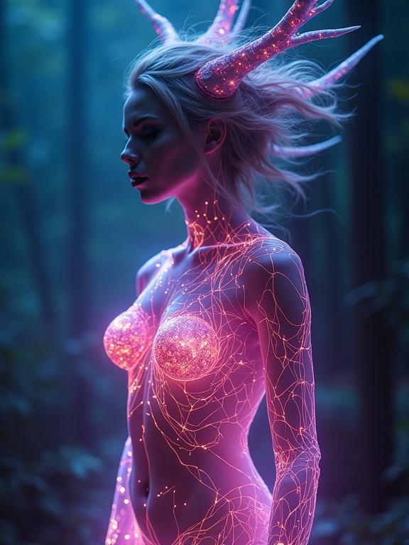 Striking picture of a mystical female creature. Enormous chest illuminated by vibrant light. Surreal aesthetic reminiscent of Brandon Woelfel. Creature in a forest setting.
