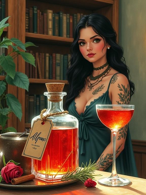 A secret speakeasy scene inside a grand library with a tribal goddess. She mixes cocktails. The goddess has tattoos. A tasting glass filled with reddish liqueur is offered to a patron. Relaxing ambiance with soft light, antique books, and greenery. An apothecary-style bottle with cork holds bright reddish liqueur. Radiating glow, a tag reads 'ALFRUNO'. Rosemary, cinnamon, and a rose are nearby. The illustration uses earthy tones with a whimsical style.