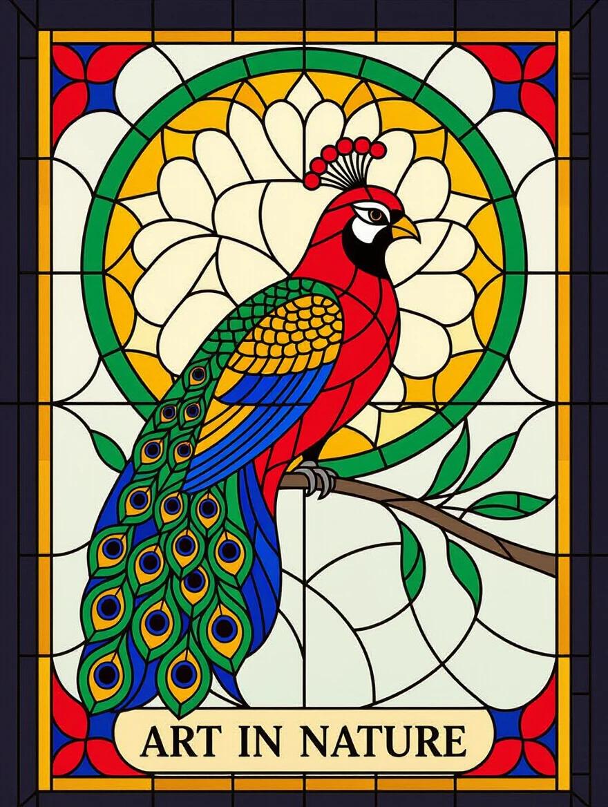 Digital stained glass art shows a peacock with vibrant colors and thick black outlines. Design features saturated colors. Contains the text 'Art in Nature'. Exclusive to Emirates Park Zoo.