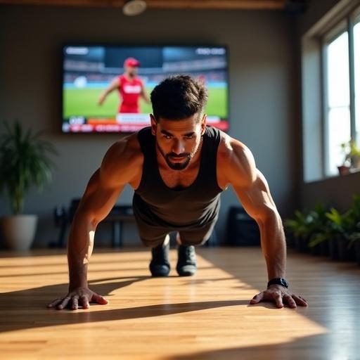 Realistic high-resolution gym scene with fit Indian man doing a burpee. Arms extended straight in plank position. Body in push-up position with back straight and core engaged. Wearing black joggers and sleeveless tank top. Gym has wooden flooring with indoor plants and fitness equipment. Wall-mounted TV shows IPL cricket match with RCB at 100 runs. Soft natural lighting casts shadows for energetic focused mood.