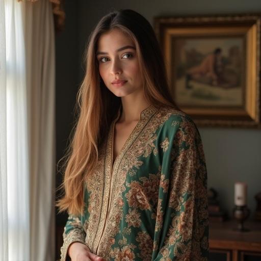 A beautiful girl from Pakistan with pale skin and a curvy figure. She wears traditional attire. The setting is warm and inviting with soft lighting.