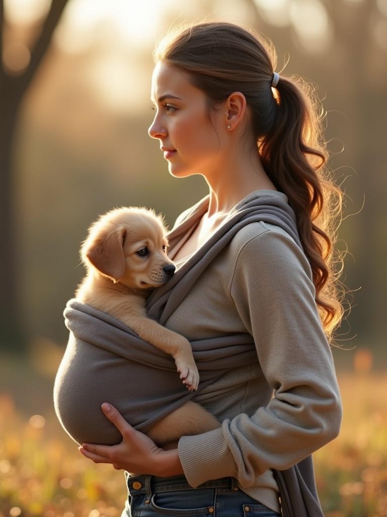 A woman carries a puppy in a sling. The puppy is cuddling comfortably. The scene is set outdoors during golden hour. The setup looks warm and inviting.